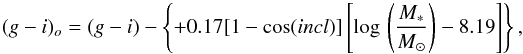 Mathematical equation: \appendix \setcounter{section}{1} \begin{equation} (g-i)_o = (g-i) - \left\{ +0.17 [1-\cos(incl)] \left[\log\,\left(\frac{M_*}{M_\odot}\right)-8.19\right]\right\}, \end{equation}