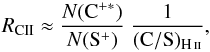 Mathematical equation: \begin{equation} R_{\rm CII} \approx \frac{N({\rm C}^{+*})}{N({\rm S}^+)}\ \frac{1}{({\rm C/S})_{\rm \ion{H}{II}}}, \end{equation}