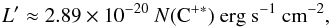 Mathematical equation: \begin{equation} L' \approx 2.89\times10^{-20}\ N({\rm C}^{+*})\ {\rm erg\ s}^{-1}\ {\rm cm}^{-2}, \end{equation}