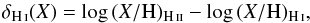 Mathematical equation: \begin{equation} \delta_{\rm \ion{H}{I}} ({X}) = \log\,(X/{\rm H})_{\rm \ion{H}{II}} - \log\,(X/{\rm H})_{\rm \ion{H}{I}}, \end{equation}