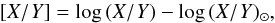 Mathematical equation: \begin{equation} [{X/Y}] = \log\,({X}/{Y}) - \log\,({X}/{Y})_\odot, \end{equation}