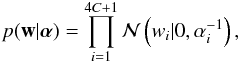 Mathematical equation: \begin{eqnarray} p({\vec w}|\alphabold) = \prod_{i=1}^{4C+1} \mathcal{N}\left(w_i|0,\alpha_i^{-1}\right), \end{eqnarray}