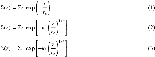 Mathematical equation: \begin{eqnarray} \label{eq:exp} \Sigma(r)&=&\Sigma_{0}~\exp\left(-\frac{r}{r_{\rm s}}\right) \\[1mm]\label{eq:sersic} \Sigma(r)&=&\Sigma_{0}~\exp\left[-\kappa_{n} \left(\frac{r}{r_{\rm e}}\right)^{1/n}\right] \\[1mm]\label{eq:devauc} \Sigma(r)&=&\Sigma_{0}~\exp\left[-\kappa_{4} \left(\frac{r}{r_{\rm e}}\right)^{1/4}\right] , \end{eqnarray}