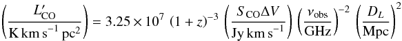 Mathematical equation: \begin{eqnarray*} \left(\frac{L^\prime_{\mathrm{CO}}}{\mathrm{K\,km\,s}^{-1}\mathrm{\,pc}^2}\right) = 3.25\,\times\,10^7 ~\left(1+z\right)^{-3}~\left(\frac{S_{\mathrm{CO}} \Delta V}{\mathrm{Jy\,km \,s}^{-1}}\right)~ \left(\frac{\nu_{\rm obs}}{\mathrm{GHz}}\right)^{-2}~ \left(\frac{{D}_L}{\mathrm{Mpc}}\right)^2 \end{eqnarray*}