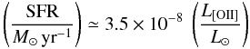 Mathematical equation: $$ \left(\frac{\mathrm{SFR}}{M_\odot \,\mathrm{yr}^{-1}}\right) \simeq 3.5\times10^{-8}~\left(\frac{L_{\mathrm{[OII]}}}{L_\odot}\right) $$