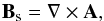 Mathematical equation: \appendix \setcounter{section}{2} \begin{equation} \vBs=\Nabla \times \vA \p{,} \label{eq:brota} \end{equation}