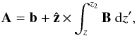 Mathematical equation: \appendix \setcounter{section}{2} \begin{equation} \vA = \vb+\hatz\,\Times \int_{z}^{z_2} \vB \ \rmd z', \label{eq:afina} \end{equation}