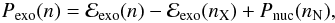 Mathematical equation: \begin{eqnarray} \label{3} P_{\rm exo}(n)=\mathcal{E}_{\rm exo}(n)-\mathcal{E}_{\rm exo}(n_{\rm X}) + P_{\rm nuc}(n_{\rm N}) , \end{eqnarray}