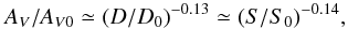 Mathematical equation: \begin{equation} A_{V} / A_{V0} \simeq (D/D_{\rm 0})^{-0.13} \simeq (S/S_{\rm 0})^{-0.14}, \label{eq2} \end{equation}