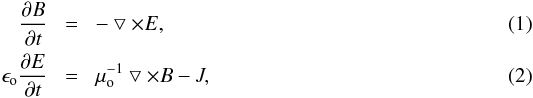 Mathematical equation: \begin{eqnarray} {\partial { B}\over \partial t} &\, \,= \,\,& -\bigtriangledown\times { E},\\ \epsilon_{\rm o} {\partial { E}\over \partial t} &\,\, =\,\, & \mu_{\rm o}^{-1} \bigtriangledown\times { B} -{ J}, \end{eqnarray}