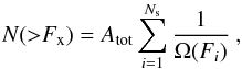 Mathematical equation: \begin{equation} \label{eq. xlf} N({>}F_{\rm x}) = A_{\rm tot} \sum_{i=1}^{N_{\rm s}} \frac{1}{\Omega(F_i)} \mbox{ ,} \end{equation}