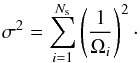 Mathematical equation: \begin{equation} \label{eq. var xlf} \sigma^2 = \sum_{i=1}^{N_{\rm s}} \left( \frac{1}{\Omega_i} \right)^2 \cdot \end{equation}