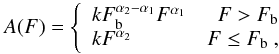 Mathematical equation: \begin{equation} \label{eq bpo fit} A(F) = \left\{ \begin{array}{lr} kF_{\rm b}^{\alpha_2 - \alpha_1} F^{\alpha_1} & F > F_{\rm b} \\ kF^{\alpha_2} & F \leq F_{\rm b} \mbox{ ,} \end{array} \right. \end{equation}