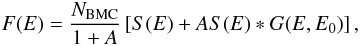 Mathematical equation: \begin{eqnarray} \label{eq:bmc} F(E)=\frac{N_{\rm BMC}}{1+A}\left[ S(E) + A S(E) \ast G(E,E_0)\right], \end{eqnarray}