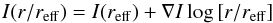 Mathematical equation: \begin{equation} I(r/{r_{{\rm{eff}}}}) = I({r_{{\rm{eff}}}}) + \nabla I\log \left[{r/{r_{{\rm{eff}}}}} \right] \label{lickequation} \end{equation}