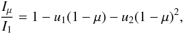 Mathematical equation: \begin{eqnarray} \frac{I_{\mu}}{I_{1}} = 1 - u_{1}(1-\mu) - u_{2}(1 - \mu)^{2}, \end{eqnarray}