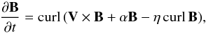 Mathematical equation: \begin{equation} {\frac{\partial \vec{B}}{\partial t}} = {\rm curl} \, (\vec{V} \times \vec{B} + \alpha \vec{B} - \eta \, {\rm curl} \, \vec{B}), \label{SKR} \end{equation}