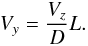 Mathematical equation: \begin{eqnarray} V_{y}=\frac{V_{z}}{D}L. \label{eq:conservation} \end{eqnarray}
