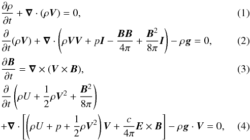 Mathematical equation: \begin{eqnarray} && \frac{\partial\rho}{\partial t} + \bm{\nabla} \cdot(\rho\bm{V})=0, \\ && \frac{\partial}{\partial t} (\rho\bm{V}) + \bm{\nabla}\cdot \left( \rho\bm{V}\bm{V} +p\bm{I} -\frac{\bm{BB}}{4\pi} +\frac{\bm{B}^{2}}{8\pi}\bm{I} \right) -\rho\bm{g}=0, \\ && \frac{\partial\bm{B}} {\partial t} = \bm{\nabla} \times (\bm{V}\times\bm{B}), \\ &&\frac{\partial}{\partial t} \left( \rho U + \frac{1}{2}\rho\bm{V}^{2} + \frac{\bm{B}^{2}}{8\pi} \right) \nonumber \\ &&+\bm{\nabla}\cdot \left[ \left( \rho U + p + \frac{1}{2}\rho\bm{V}^{2} \right) \bm{V} + \frac{c}{4\pi} \bm{E}\times\bm{B} \right] -\rho\bm{g}\cdot\bm{V} =0, \end{eqnarray}