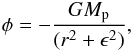 Mathematical equation: \begin{eqnarray} \label{eq1} \phi=-\frac{GM_{\rm p}}{(r^2+\epsilon ^{2})}, \end{eqnarray}