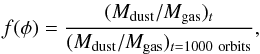 Mathematical equation: \begin{eqnarray} \label{eq2} f(\phi)=\frac{(M_{\mathrm{dust}}/M_{\mathrm{gas}})_{t}}{(M_{\mathrm{dust}}/M_{\mathrm{gas}})_{t=1000\ \mathrm{orbits}}}, \end{eqnarray}
