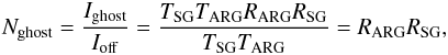 Mathematical equation: \begin{eqnarray} N_{\rm ghost}=\frac {I_{\rm ghost}} {I_{\rm off}}=\frac{T_{\rm SG} T_{\rm ARG} R_{\rm ARG} R_{\rm SG} }{T_{\rm SG} T_{\rm ARG} } = R_{\rm ARG} R_{\rm SG} , \label{eq:Nghost} \end{eqnarray}