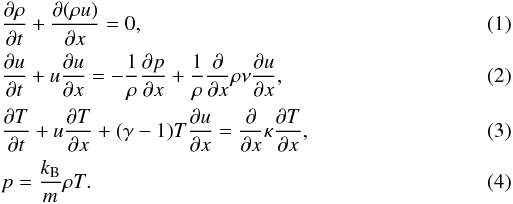 Mathematical equation: \begin{eqnarray} \label{eq:2.1} && \frac{\partial\rho}{\partial t} + \frac{\partial(\rho u)}{\partial x} = 0, \\ \label{eq:2.2} && \frac{\partial u}{\partial t} + u\frac{\partial u}{\partial x} = -\frac1\rho\frac{\partial p}{\partial x} + \frac1\rho\frac{\partial}{\partial x}\rho\nu\frac{\partial u}{\partial x}, \\ \label{eq:2.3} && \frac{\partial T}{\partial t} + u\frac{\partial T}{\partial x} + (\gamma-1)T\frac{\partial u}{\partial x} = \frac{\partial}{\partial x}\kappa\frac{\partial T}{\partial x}, \\ \label{eq:2.4} && p = \frac{k_{\rm B}}m\rho T. \end{eqnarray}