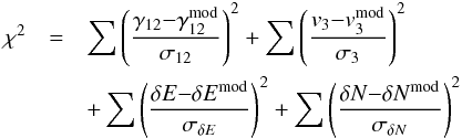 Mathematical equation: \begin{eqnarray} \chi^2& = & \sum \left( \frac{\gamma_{12} {-} \gamma_{12}^\mathrm{mod}}{\sigma_{12} } \right)^2 + \sum \left( \frac{ v_{3} {-} v_{3}^\mathrm{mod}}{\sigma_{3} } \right)^2 \nonumber \\ &&+ \sum \left( \frac{ \delta E {-} \delta E^\mathrm{mod}}{\sigma_{\delta E} } \right)^2 + \sum \left( \frac{ \delta N {-} \delta N^\mathrm{mod}}{\sigma_{\delta N}} \right)^2 \end{eqnarray}