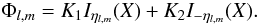 Mathematical equation: \begin{eqnarray} \Phi_{l,m}=K_1I_{\eta_{l,m}}(X)+K_2I_{-\eta_{l,m}}(X). \end{eqnarray}