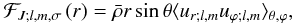 Mathematical equation: \begin{eqnarray} \mathcal{F}_{J;l,m,\sigma}\left(r\right)=\bar\rho r \sin{\theta} \langle u_{r;l,m}u_{\varphi;l,m} \rangle _{\theta,\varphi}, \end{eqnarray}