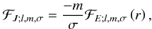 Mathematical equation: \begin{eqnarray} \mathcal{F}_{J;l,m,\sigma}= \frac{-m}{\sigma} \mathcal{F}_{E;l,m,\sigma}\left(r\right), \end{eqnarray}