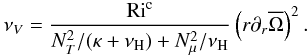 Mathematical equation: \begin{eqnarray} \nu_{V}= {{\rm Ri}^{\rm c} \over N^2_{T} /(\kappa + \nu_{\rm H}) + N^{2}_{\mu}/\nu_{\rm H}} \left(r\partial_{r}\overline\Omega\right)^2. \label{eq:dv-mu} \end{eqnarray}