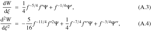Mathematical equation: \appendix \setcounter{section}{1} \begin{eqnarray} \frac{\mathrm dW}{\mathrm d\xi} &=& \frac{1}{4}f^{-5/4}f'\Psi+f^{-1/4}\Psi' , \\ \frac{\mathrm d^2W}{\mathrm d\xi^2} &=&-\frac{5}{16}f^{-11/4}f'^2\Psi+\frac{1}{4}f^{-7/4}f''\Psi+f^{-3/4}\Psi'' , \end{eqnarray}