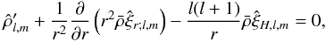Mathematical equation: \begin{eqnarray} \hat\rho'_{l,m}+\frac{1}{r^2} \frac{\partial}{\partial r}\left(r^2 \bar\rho \hat\xi_{r;l,m}\right) -\displaystyle\frac{l(l+1)}{r}\bar\rho\hat\xi_{H,l,m} = 0, \end{eqnarray}