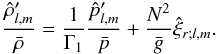 Mathematical equation: \begin{eqnarray} \frac{\hat\rho'_{l,m}}{\bar\rho}=\frac{1}{\Gamma_1}\frac{\hat{p}'_{l,m}}{\bar{p}}+\frac{N^2}{\bar g}\hat\xi_{r;l,m}. \end{eqnarray}