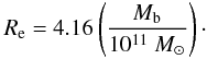 Mathematical equation: \begin{eqnarray} R_{\rm e} = 4.16 \left( \frac{M_{\rm b}}{10^{11}~ {M_{\odot}}}\right)\cdot \label{Reff} \end{eqnarray}