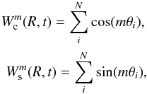 Mathematical equation: \begin{eqnarray} W_{\rm c}^m(R,t) = \sum_i^N{\cos (m\theta_i)}, \nonumber \\ W_{\rm s}^m(R,t) = \sum_i^N{\sin (m\theta_i)}, \label{W(t)} \end{eqnarray}