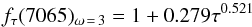 Mathematical equation: \begin{equation} f_\tau(7065)_{\omega\,=\,3} = 1 + 0.279\tau^{0.521} \end{equation}