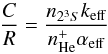 Mathematical equation: \begin{equation} \frac{C}{R} = \frac{n_{2^3S}k_{\rm eff}}{n^+_{\rm He}\alpha_{\rm eff}} \end{equation}