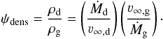 Mathematical equation: $$ \psi_\mathrm{dens} = \frac{\rho_\mathrm{d}}{\rho_\mathrm{g}} = \left(\frac{\md}{\vd}\right)\left(\frac{\vg}{\mg}\right)\cdot $$