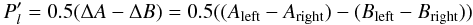 Mathematical equation: \begin{equation} P'_l=0.5(\Delta A-\Delta B)=0.5((A_\mathrm{left}-A_\mathrm{right})-(B_\mathrm{left}-B_\mathrm{right})) \end{equation}