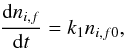 Mathematical equation: \begin{eqnarray} \label{rate1} \frac{\mathrm{d}n_{i,f}}{\mathrm{d}t} = k_1 n_{i,f0}, \end{eqnarray}