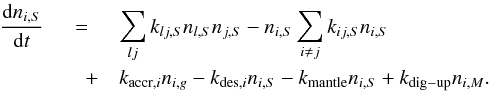 Mathematical equation: \begin{eqnarray} \label{rateS} \frac{\mathrm{d}n_{i,S}}{\mathrm{d}t} &=& \sum^{}_{lj}k_{lj,S}n_{l,S}n_{j,S}- n_{i,S}\sum^{}_{i \neq j}k_{ij,S}n_{i,S} \nonumber\\ &\quad+& k_{{\rm accr},i}n_{i,g} - k_{{\rm des},i}n_{i,S} - k_{\rm mantle}n_{i,S} + k_{{\rm dig-up}}n_{i,M}. \end{eqnarray}