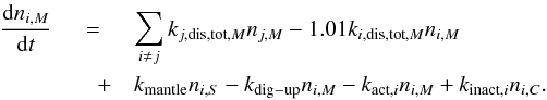 Mathematical equation: \begin{eqnarray} \label{rateM} \frac{\mathrm{d}n_{i,M}}{\mathrm{d}t} &=& \sum^{}_{i \neq j}k_{j,{\rm dis,tot},M}n_{j,M} - 1.01k_{i,{\rm dis,tot},M}n_{i,M} \nonumber\\ &\quad+& k_{\rm mantle}n_{i,S} - k_{\rm dig-up}n_{i,M} - k_{{\rm act},i}n_{i,M} + k_{{\rm inact},i}n_{i,C}. \end{eqnarray}