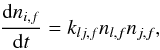 Mathematical equation: \begin{eqnarray} \label{rate2} \frac{\mathrm{d}n_{i,f}}{\mathrm{d}t} = k_{lj,f}n_{l,f}n_{j,f}, \end{eqnarray}