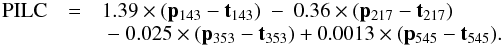 Mathematical equation: \begin{equation} \begin{array}{ccl} {\rm PILC} & = & 1.39 \times (\vec{p}_{143} - \vec{t}_{143}) \ - \ 0.36 \times (\vec{p}_{217} - \vec{t}_{217}) \\ & & \ - \ 0.025 \times (\vec{p}_{353} - \vec{t}_{353}) + 0.0013 \times (\vec{p}_{545} - \vec{t}_{545}). \end{array} \end{equation}