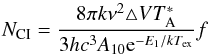 Mathematical equation: \begin{equation} N_{\mathrm{CI}}={8\pi k\nu^{2}\triangle VT_{\mathrm{A}}^{*}\over 3hc^{3}A_{10}{\rm e}^{-E_{1}/kT_{\mathrm{ex}}}}f \label{ph1} \end{equation}