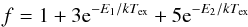 Mathematical equation: \begin{equation} f=1+3{\rm e}^{-E_{1}/kT_{\mathrm{ex}}} +5{\rm e}^{-E_{2}/kT_{\mathrm{ex}}} \label{ph2} \end{equation}
