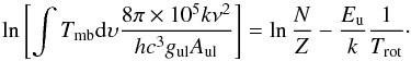 Mathematical equation: \begin{equation} \ln\left[ \int T_{\rm{mb}}{\rm{d}}\upsilon \frac{8 \pi \times 10{^5}k \nu{^2}} {h c^{3} g_{\rm ul}A_{\rm ul}} \right] = \ln \frac{N}{Z}-\frac {E_{\rm u}} {k} \frac {1}{T_{\rm rot}}\cdot \label{radex-ciso} \end{equation}