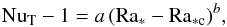 Mathematical equation: \begin{equation} \nut-1=a\, (\mr{Ra_*-Ra_{*\mr{c}} })^b,\label{pow} \end{equation}